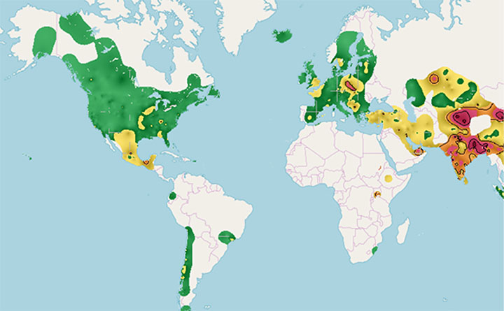 Air pollution distribution across the globe,